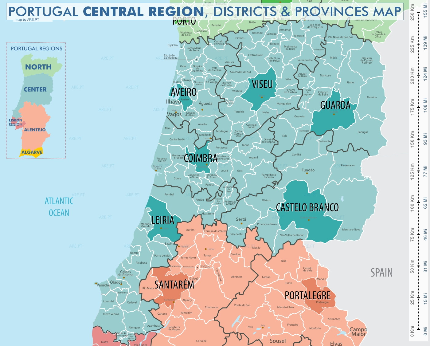 La región central de Portugal está formada por los distritos de Aveiro, Viseu, Guarda, Coimbra, Leiria y Castelo Branco.