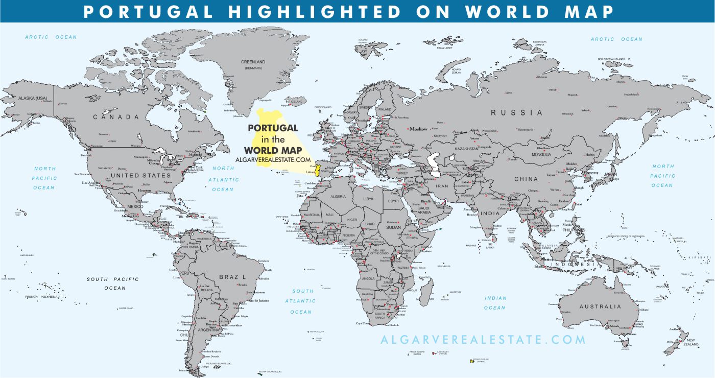 Mapa mundial con Portugal destacado en amarillo