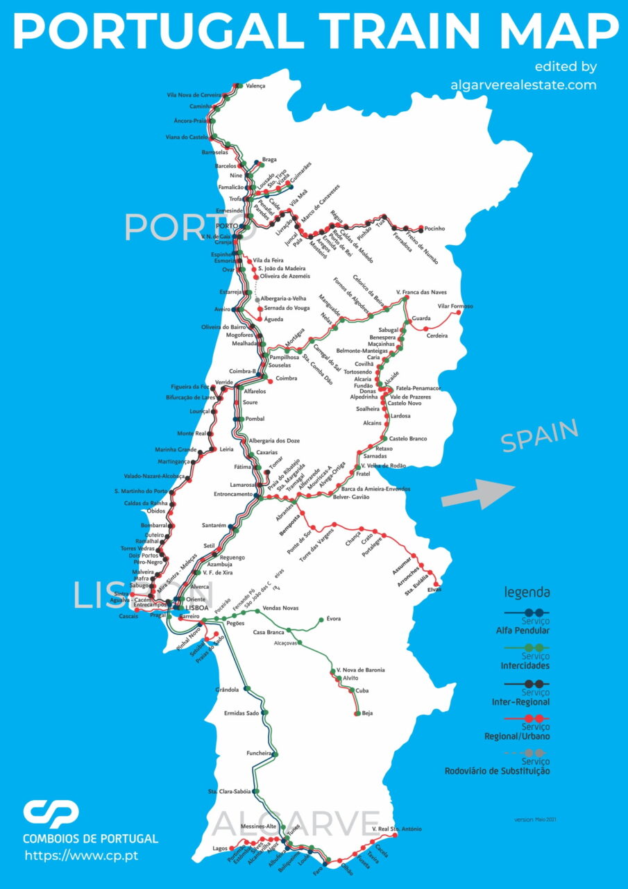 Viajar para e dentro de Portugal 2 Mapa de Portugal mostrando as linhas de trem, com diferentes cores representando os vários tipos de serviços de trem, incluindo trens rápidos, trens regionais e trens intercidades