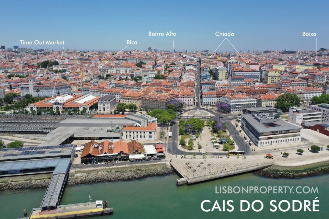 Cais do Sodré 9 Cais do Sodré neighbourhood from River Tagus, with Roque Gameiro garden and the traditional secular building colored in yellow, pink and blue... the Rua do Alecrim heading up to Bairro Alto, with Santa Catarina on the left, Chiado on the right, the train station on the left, the Time Out Market restaurant food court.