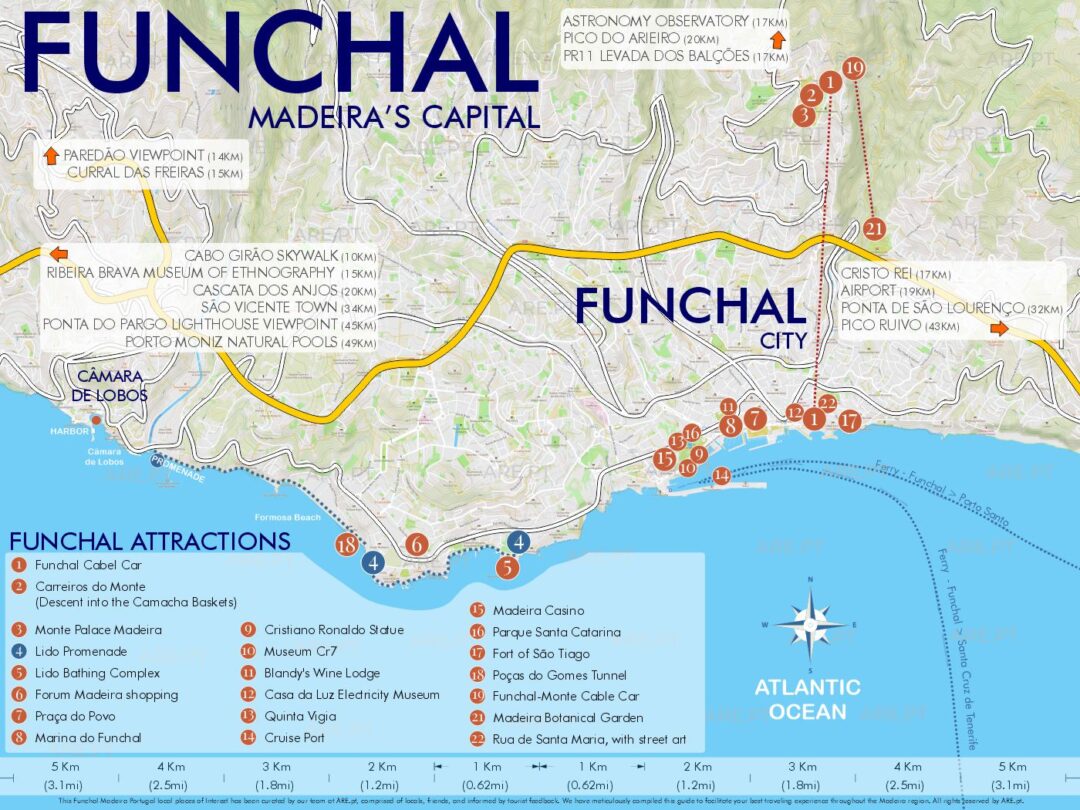 This map of Funchal highlights some of the main attractions and includes indications of distances to major attractions across the island.