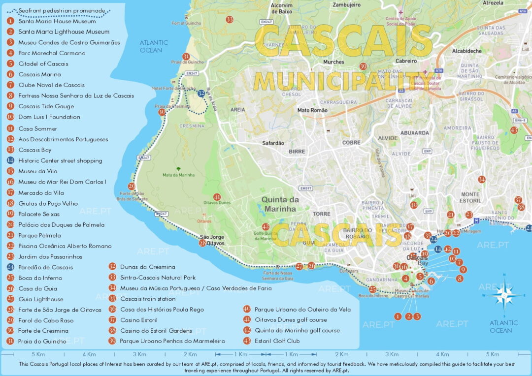 Map of Cascais with the main residential neighborhoods, some points of interest, and seafront promenades