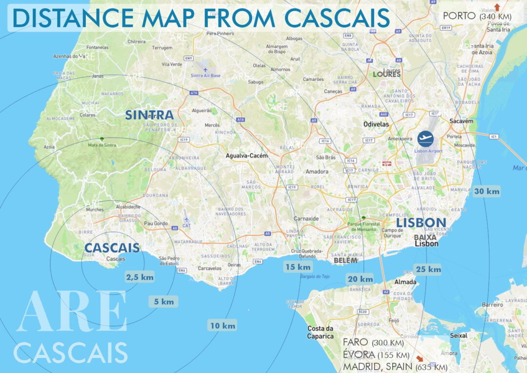 Map of Greater Lisbon with distances from Cascais