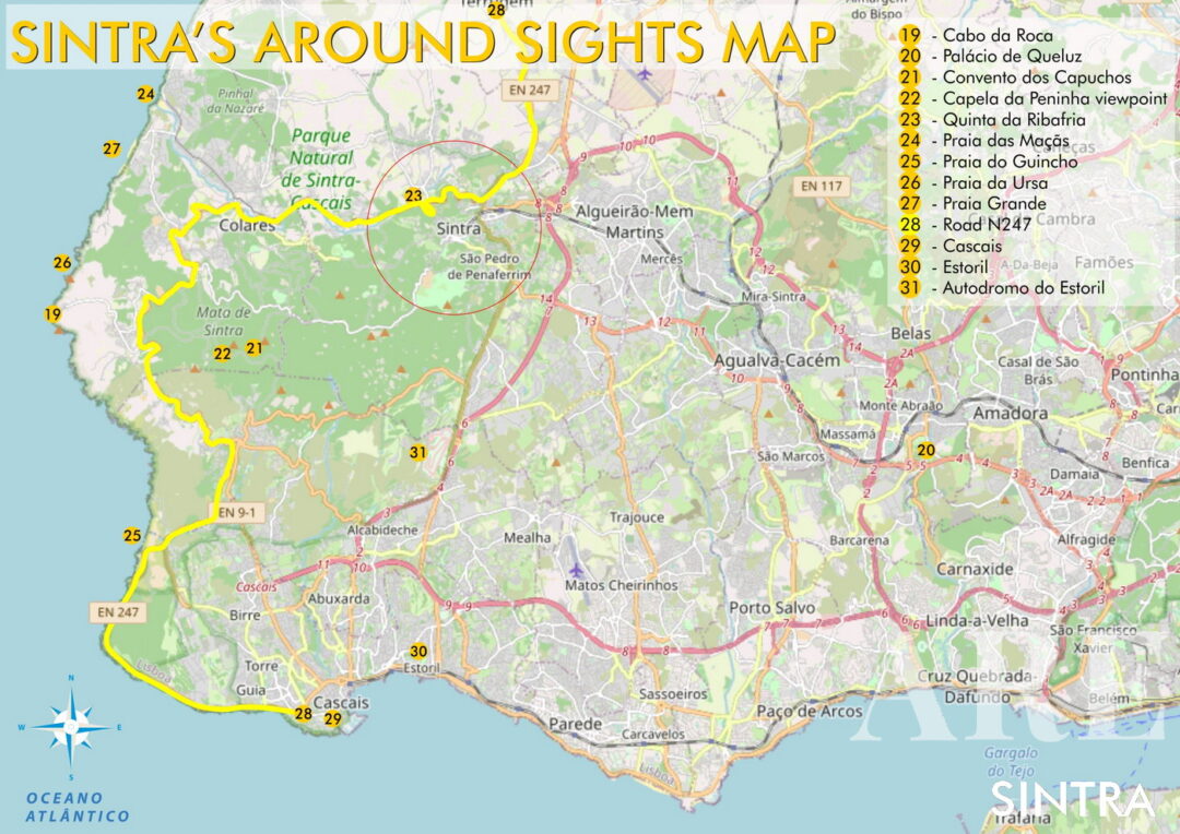 Sintra's around sightsThis map outlines a comprehensive day trip around Sintra, featuring highlights like Cabo da Roca, the westernmost point of mainland Europe, along with other attractions such as palaces, convents, viewpoints, beaches, and major towns. If you're keen on delving into Sintra's core, consult the provided map that focuses on the historic center of Sintra.