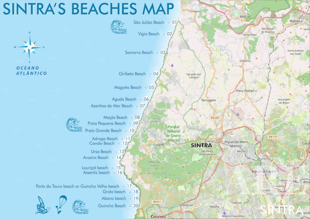 Map showcasing Sintra's beaches, arranged from north to south.