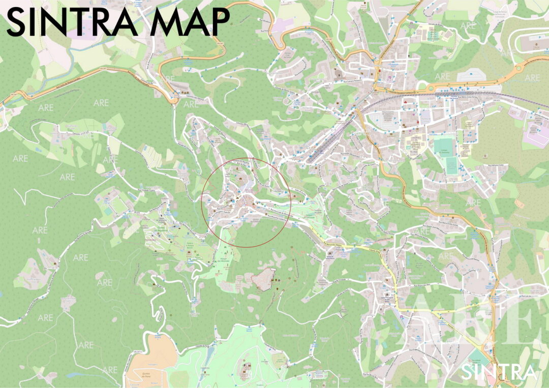 Sintra map detailing street names, with a focus on the town center.