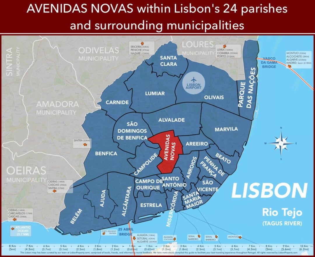 Avenidas Novas within Lisbon's 24 parishes and surrounding municipalities