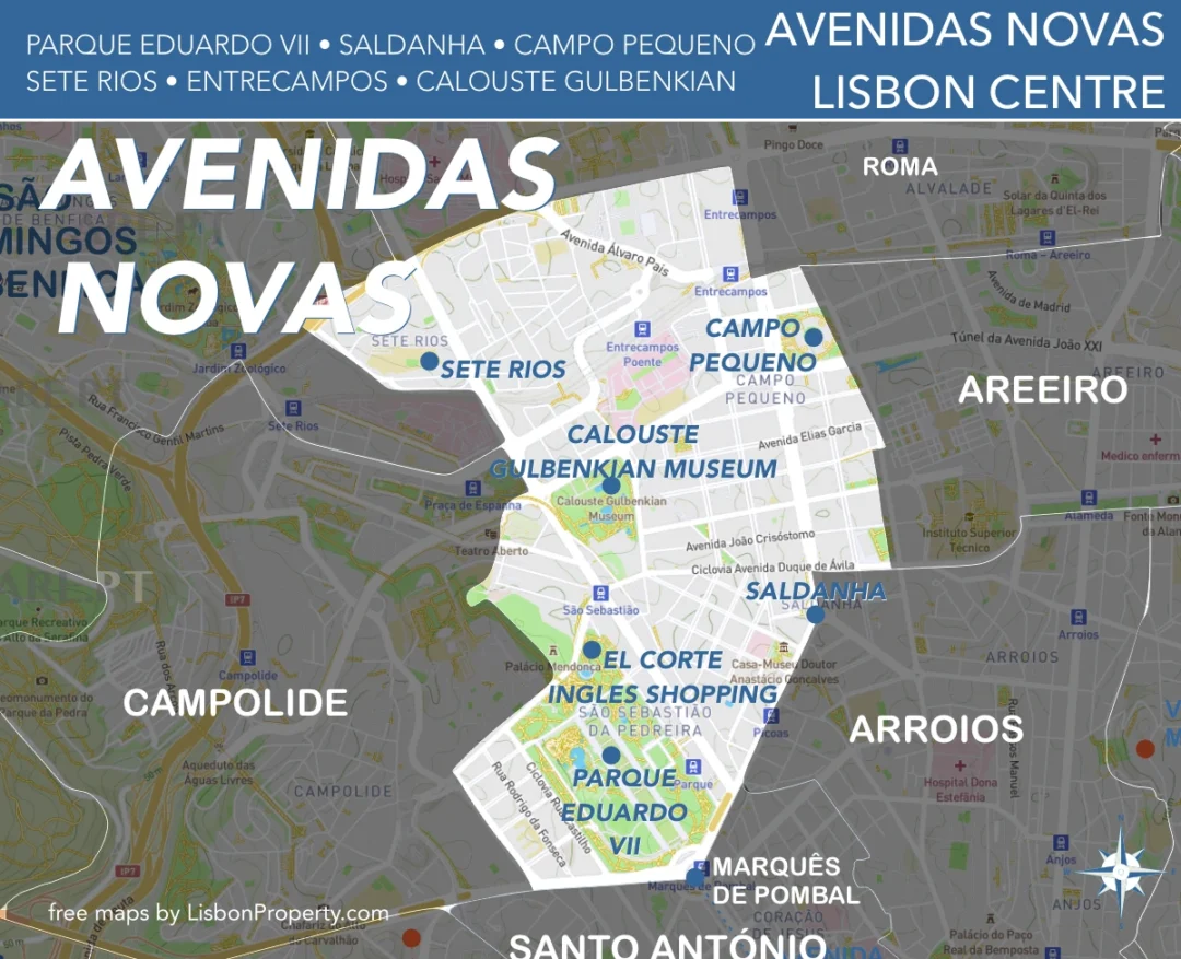 Map of the Avenidas Novas area in Lisbon, including Parque Eduardo VII and El Corte Inglés, and the neighborhood's boundaries.