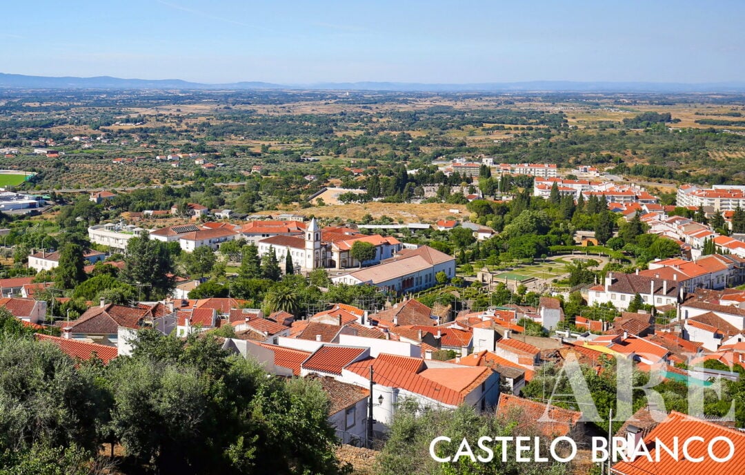 View of the city of Castelo Branco from Parque do Barrocal, with the main church, the Francisco Tavares Proença Jr. Museum, the Jardim do Paço Episcopal, the Parque da Cidade, and the roofs of traditional houses