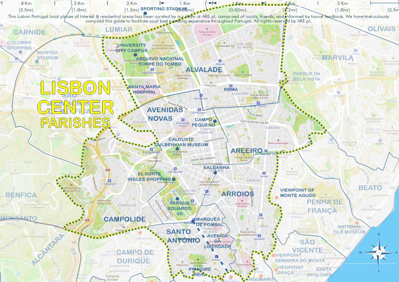 Central Lisbon map with parishes of Santo António, where Avenida da Liberdade, Arroios, Campolide, Avenidas Novas, Areeiro, and Alvalade.