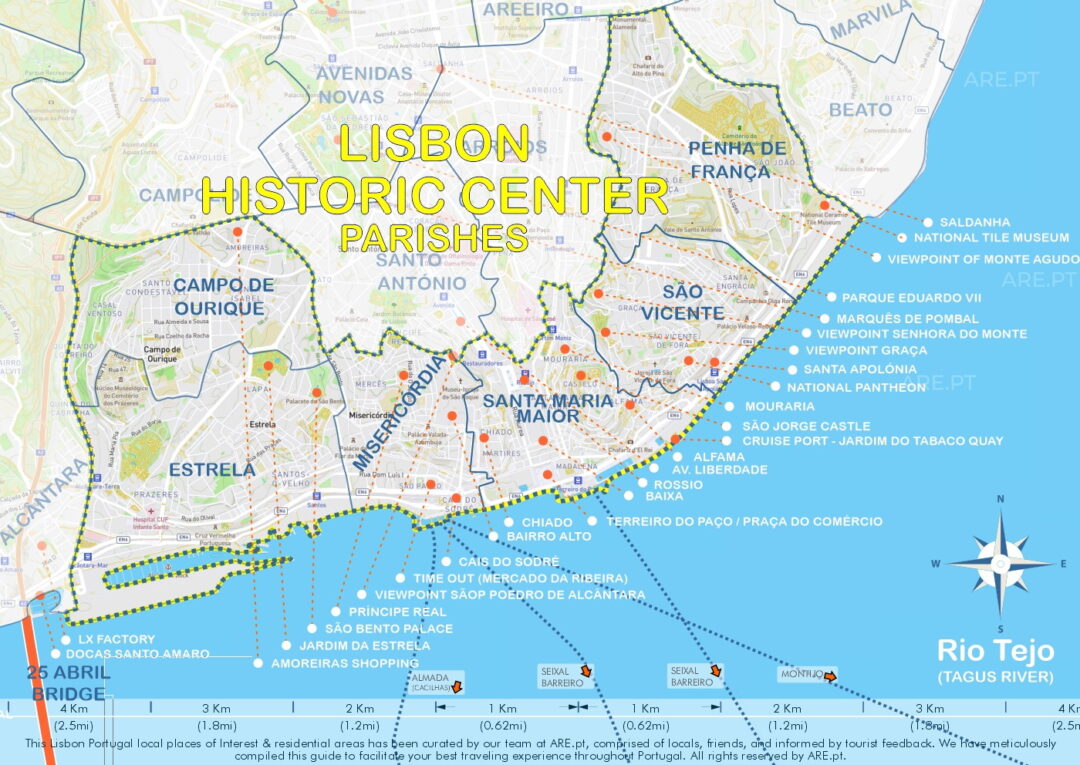 Historic Center map of Lisbon wiht the parishes of as Estrela, Campo de Ourique, Misericordia, Santa Maria Maior, São Vicente, and Penha de França.