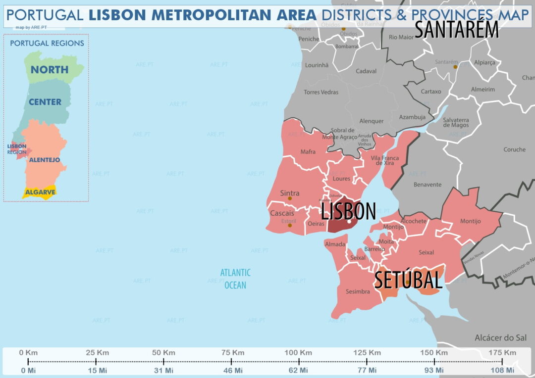 The Lisbon region is known as the Lisbon Metropolitan Area. It is made up of two subregions, Greater Lisbon, and the Setúbal Peninsula