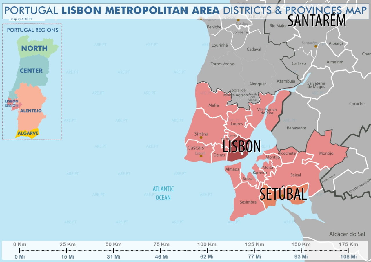 The Lisbon region is known as the Lisbon Metropolitan Area. It is made up of two subregions, Greater Lisbon, and the Setúbal Peninsula
