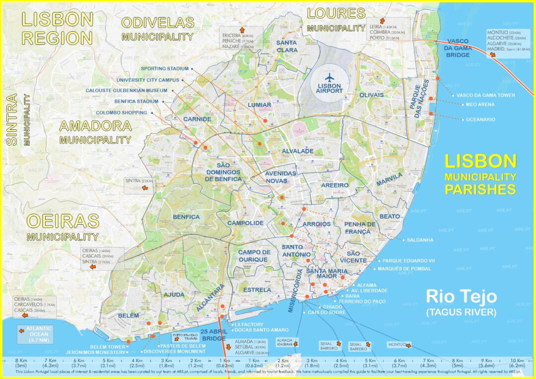 Lisbon has 24 parishes, grouped into 5 main areas: historic center, center, western, eastern, and northern areas