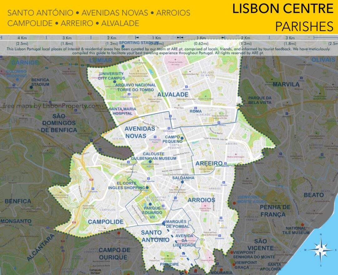 map of parishes in central Lisbon. It marks where the main metro stations are located.