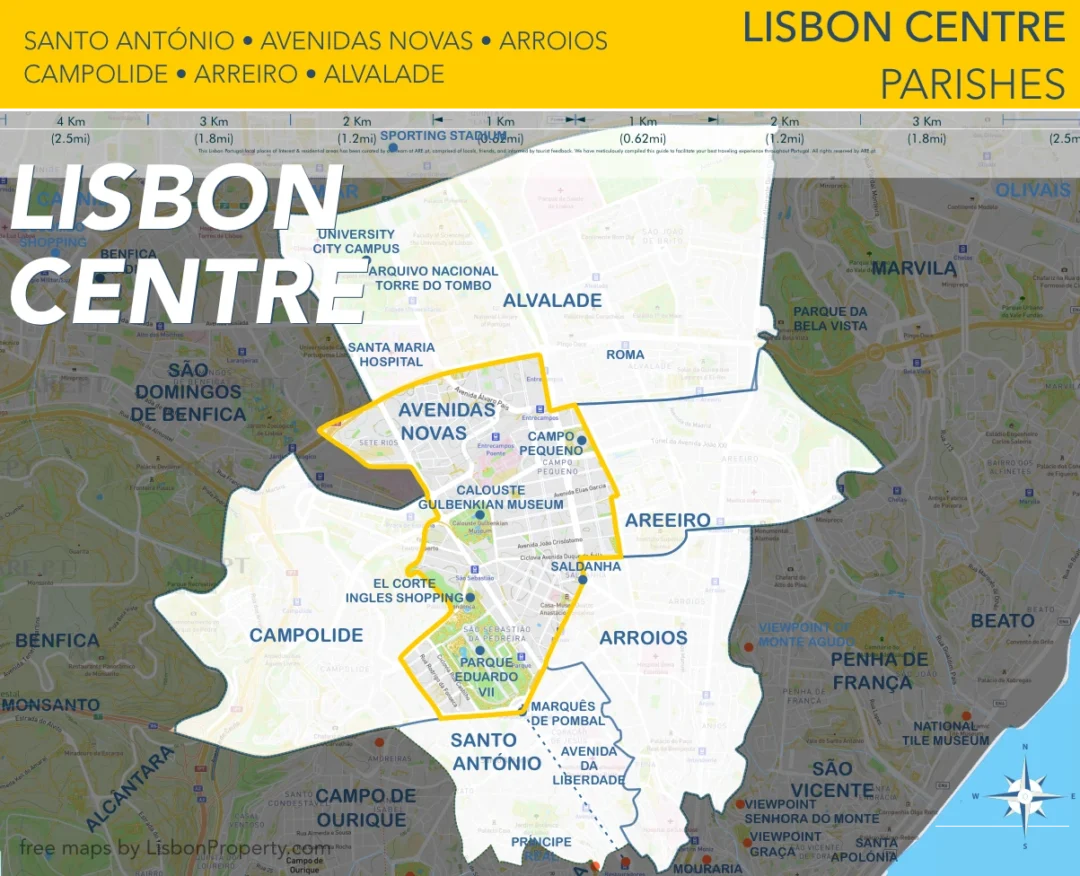 Avenidas Novas highlighted on the map of central Lisbon parishes, showing main metro station locations