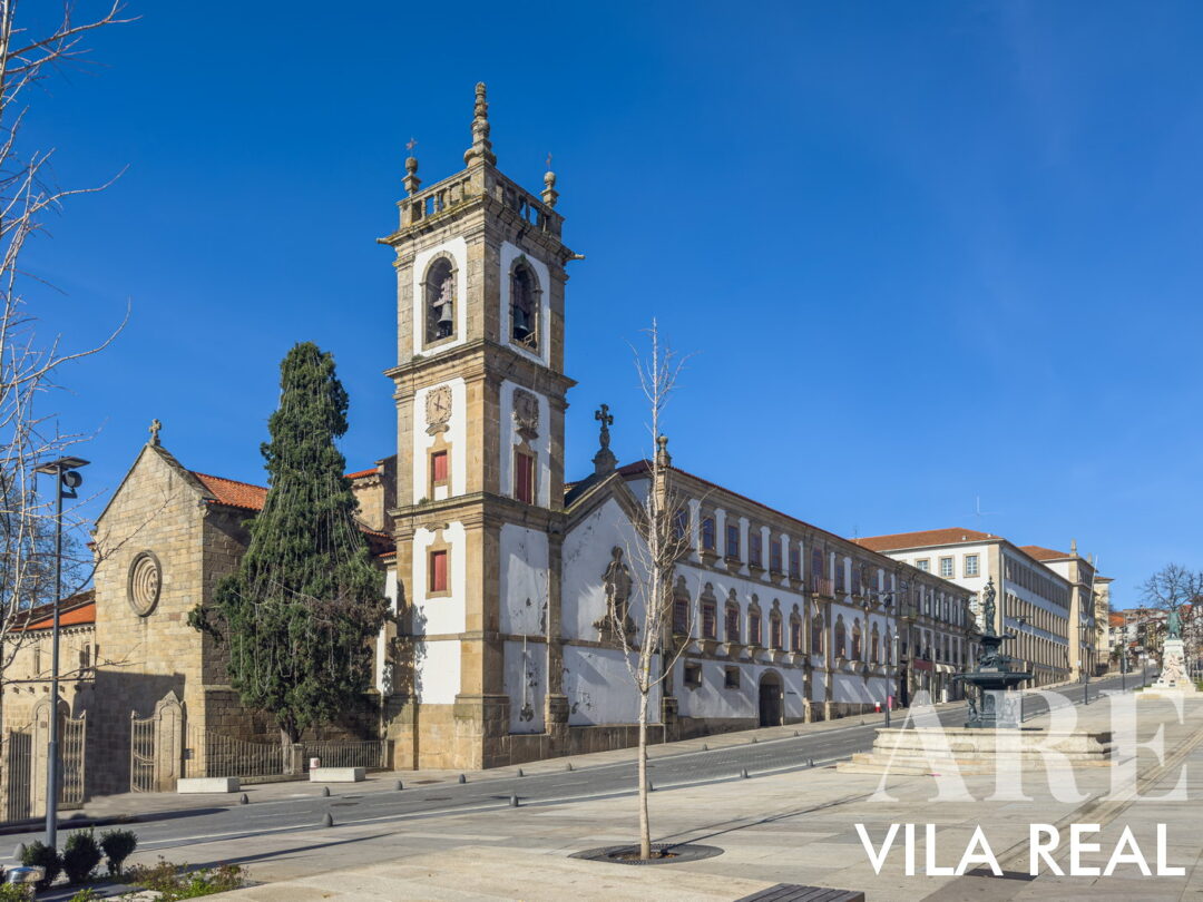 Vila Real is known for the nearby Alvão Natural Park and the famous Douro Valley, renowned for its terraced vineyards. Architecturally, Vila Real features a variety of baroque mansions, with the Mateus Palace being the most notable example. In this image Vila Real Cathedral in city center
