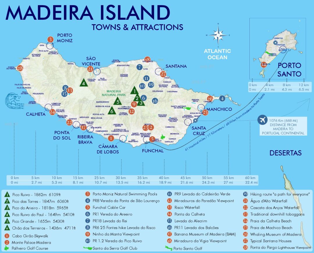 Map with Madeira's attractions, villages and municipalities, peaks, levadas, golf courses and airport