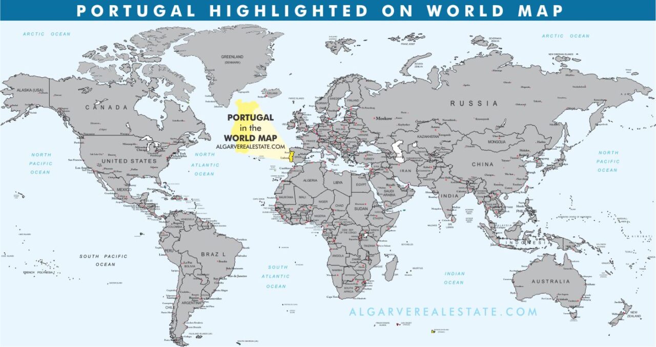 Carte mondiale avec le Portugal mis en évidence en jaune