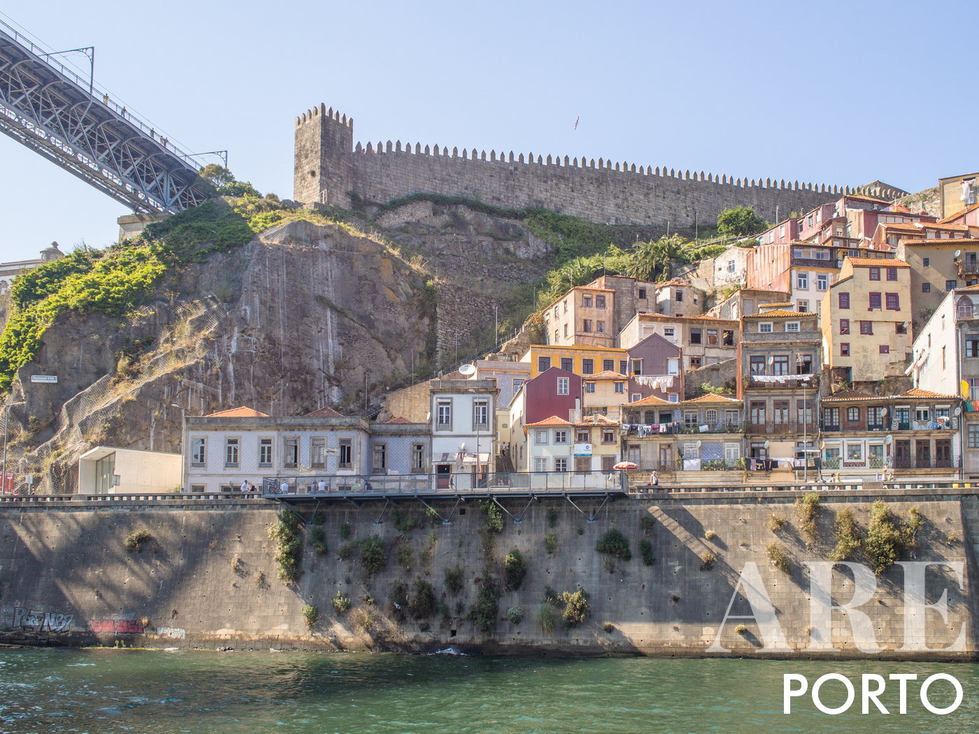 Guindais Funicular with the Fernandina da Sé Wall and the Dom Luís I Bridge