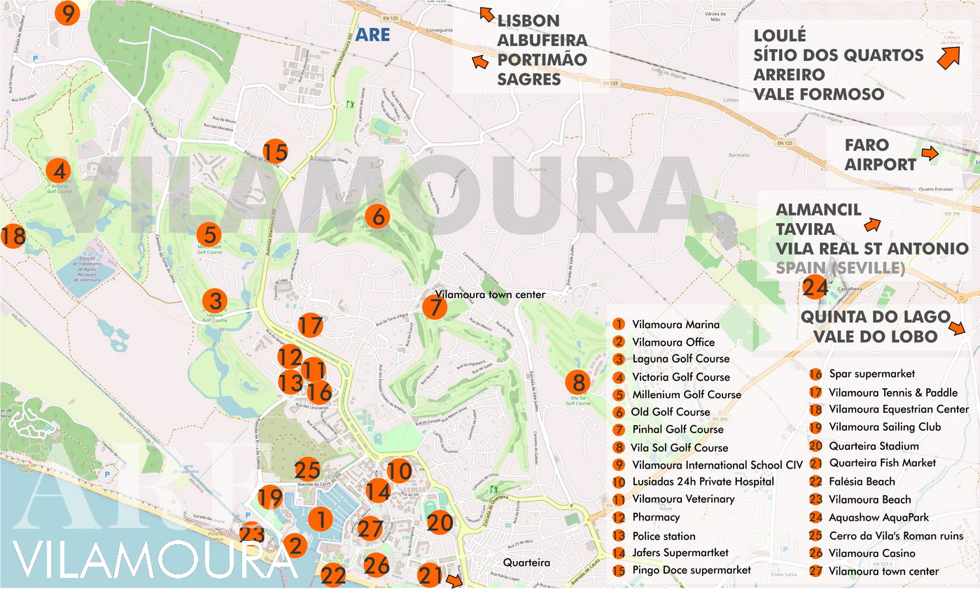 <em>Map of Vilamoura useful places</em><br>Guide to the town