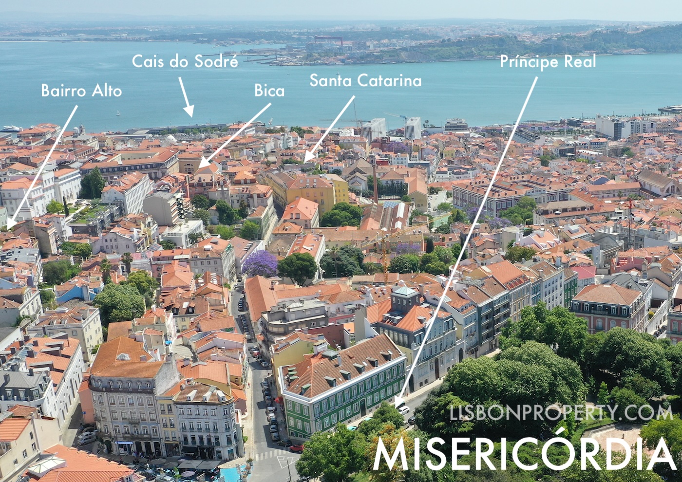 View of Misericórdia parish in Lisbon, seen from the top of Príncipe Real Garden, overlooking the rooftops all the way to the river. On the left, you can see Bairro Alto, with Cais do Sodré next to the Tagus River. In the center are the neighborhoods of Bica and Santa Catarina. On the other side of the river, you can spot Almada.